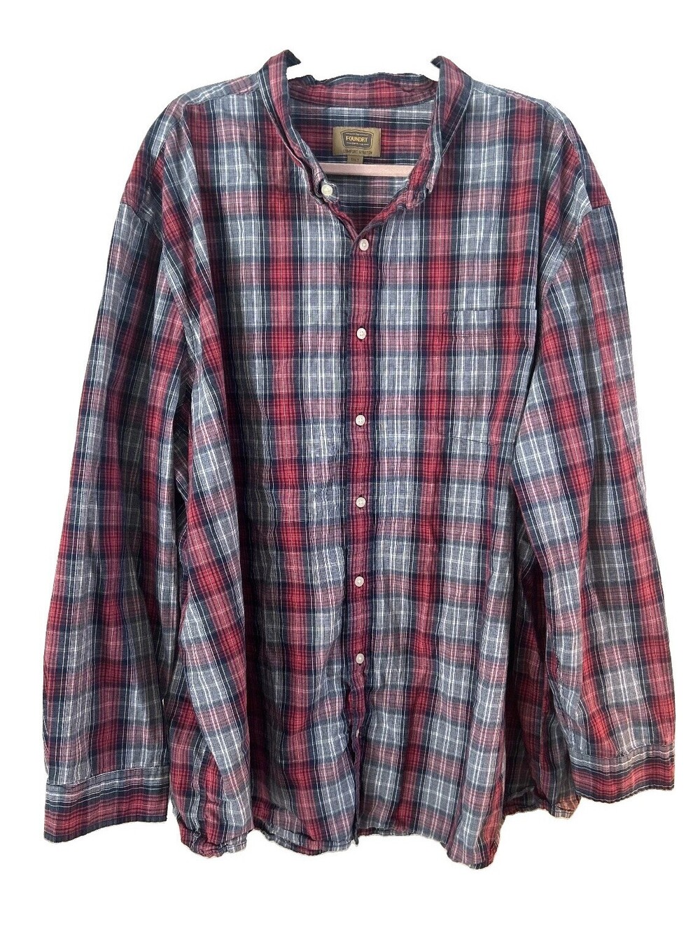 Foundry Supply Co 5XLT Plaid Button Up Shirt Red Blue Comfort Stretch Tall
